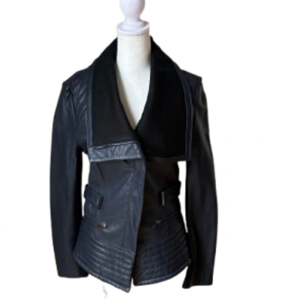 Badgley Mischka Navy Genuine Leather Moto Jacket Asymmetrical Size Small - Picture 2 of 7